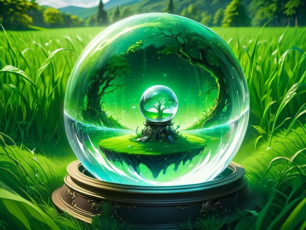 une boule de cristal assise sur un champ vert luxuriant art fantastique très détaillé surréaliste