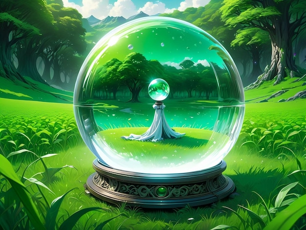 Photo une boule de cristal assise sur un champ vert luxuriant art fantastique très détaillé surréaliste