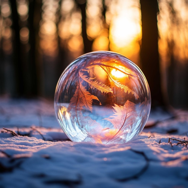 Boule de cristal brillante avec une forêt d'hiver en arrière-plan Beau paysage