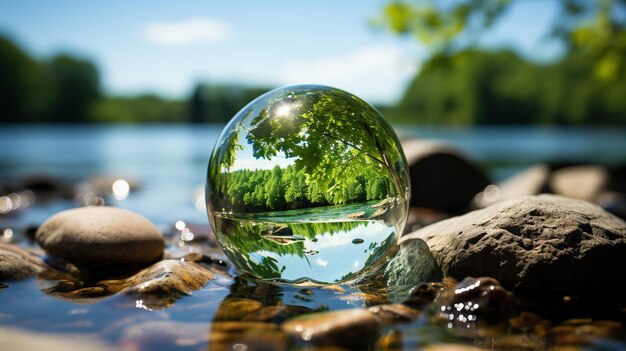 Photo boule de cristal dans le contexte de la nature forestière concept de la journée de la terre