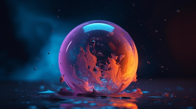 Boule de cristal sur fond bleu foncé avec des formes abstraites violet jaune et orange