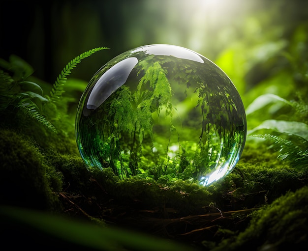 Boule de cristal sur l'herbe verte avec reflet de la végétation verte à l'intérieur de l'art généré par le réseau neuronal