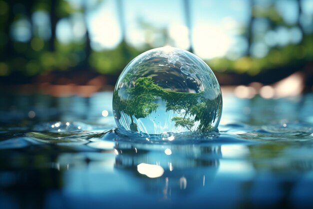 Boule de cristal avec de l'herbe verte sur la surface de l'eau en gros plan Concept de réchauffement climatique