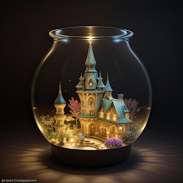 Boule de cristal magique avec illustration de rendu 3D du château de conte de fées