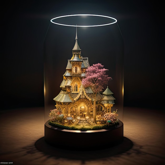 Boule de cristal magique avec illustration de rendu 3D du château de conte de fées
