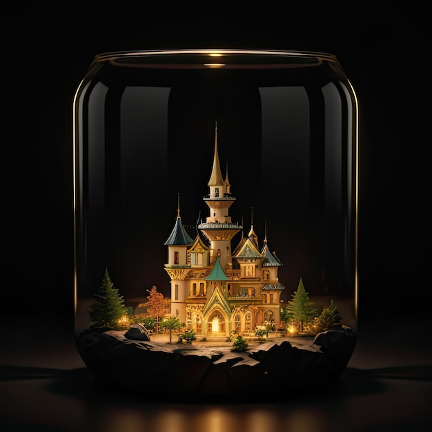 Boule de cristal magique avec illustration de rendu 3D du château de conte de fées