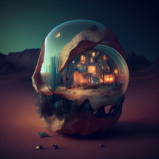 Boule de cristal magique avec maison dans l'illustration 3D du désert