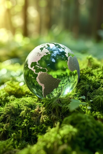 Boule de cristal sur la mousse dans la forêt