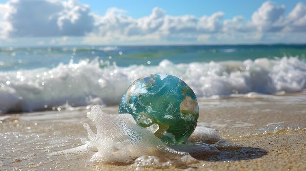 Photo boule de cristal sur la plage avec des éclaboussures d'eau et de ciel bleu