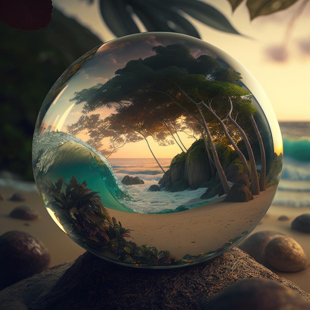 Photo boule de cristal sur une plage tropicale déserte