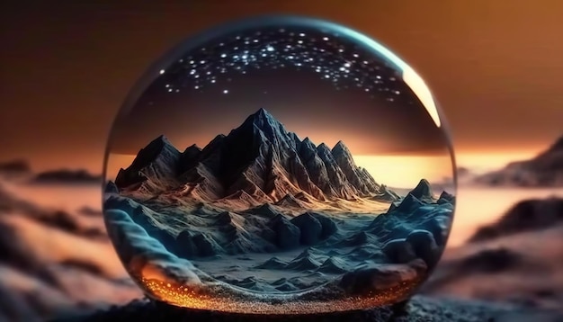 Boule de cristal de planète extraterrestre AI générative avec des étoiles et des plantes de montagnes de paysage