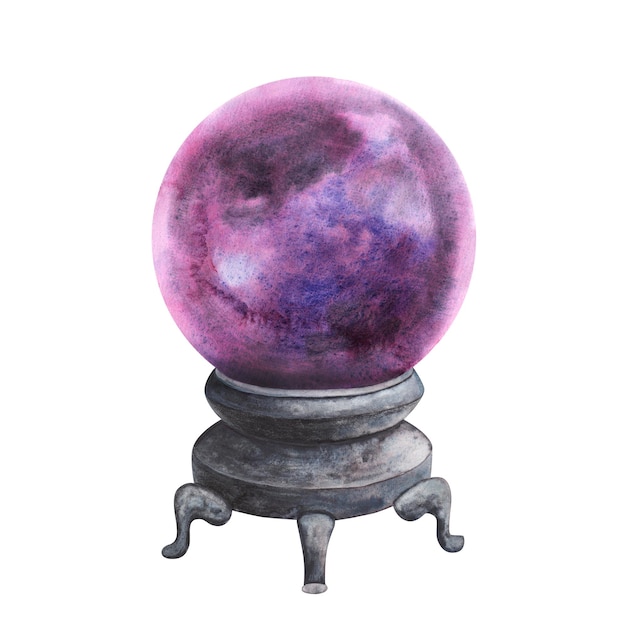 Photo boule de cristal de verre magique violet de sorcière isolée sur fond blanc aquarelle croquis mystique dessiné à la main iillustration art design ésotérique halloween fantaisie décoration effrayante carte de voeux