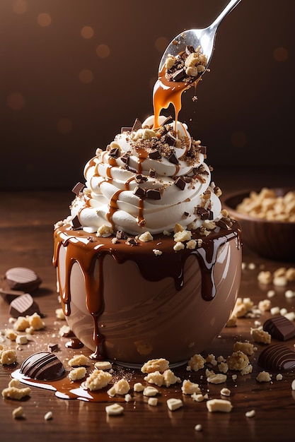 Une boule décadente de glace au chocolat surmontée d'une pincée de noix concassées et d'un filet de caramel