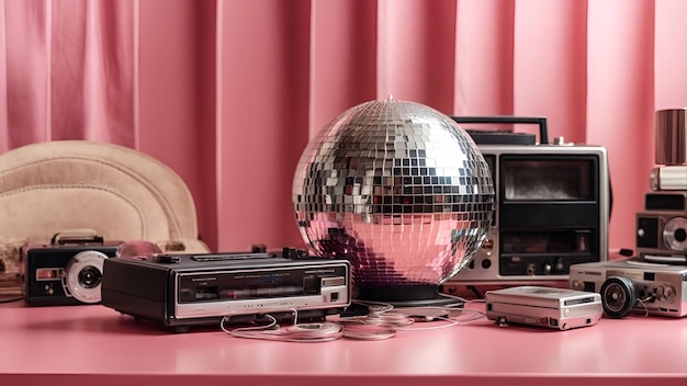 Photo boule de disco argentée brillante placée près d'un lecteur de cassettes vintage sur fond rose concept pop rétro