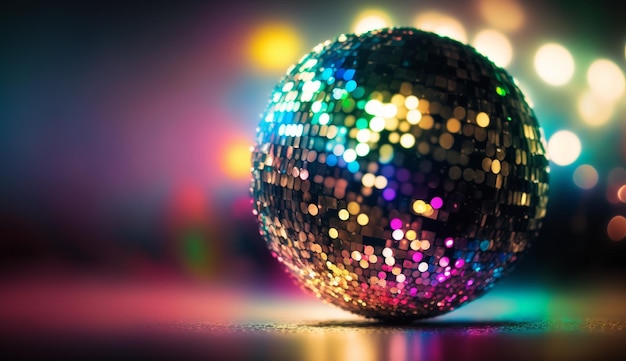 Une boule disco dans un club avec des lumières en arrière-plan