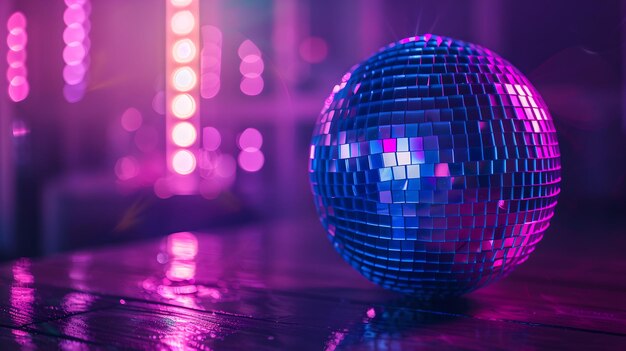 Une boule de disco étincelante dans une pièce éclairée au néon crée une atmosphère festive avec des lumières vibrantes idéales pour les célébrations et les événements.