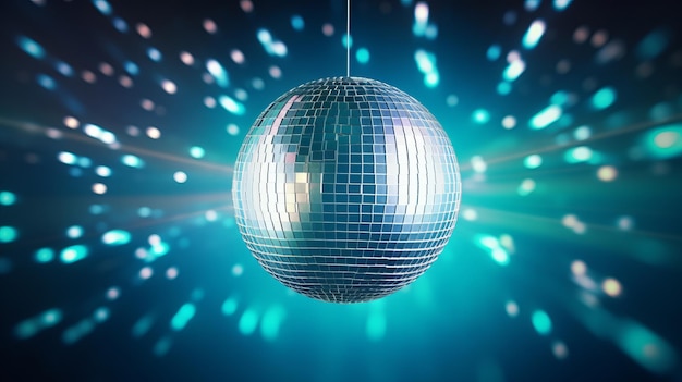 Une boule disco étincelante suspendue à une ficelle reflétant les lumières colorées dans une pièce sombre