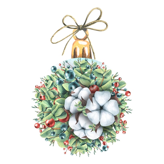 Une boule du Nouvel An faite de baies de coton et de branches d'eucalyptus Illustration à l'aquarelle La composition d'un grand ensemble de COSY WINTER Pour la décoration et la conception de cartes d'hiver et de Noël