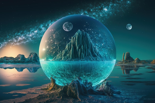 Photo une boule fantastique avec une montagne et une lunebelle illustration fantastique magique mystérieuse magie ai