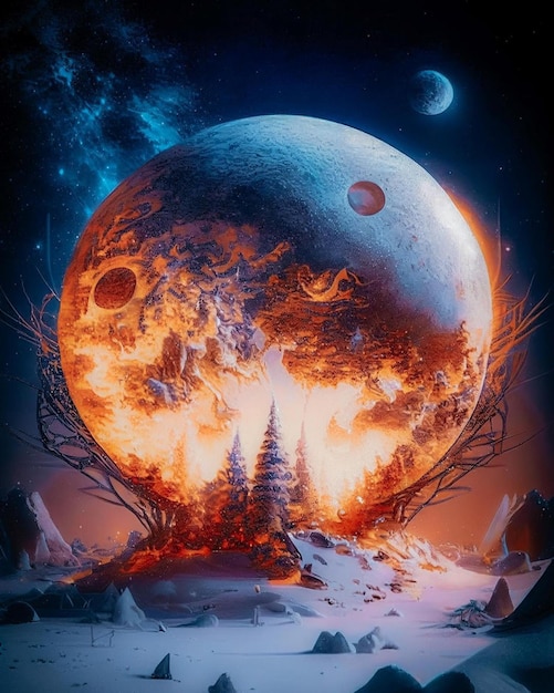 Une boule de feu est entourée d'une planète et la lune est entourée d'une planète.