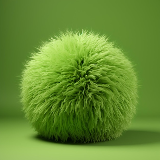 Une boule de fourrure verte et moelleuse sur une surface verte