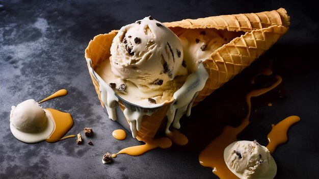 Une boule de glace aux pépites de chocolat se trouve dans un cornet de crème glacée avec une sauce au caramel sur le dessus