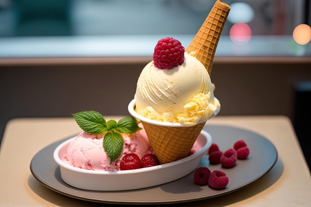 Boule de glace vanille généreusement servie dans un cornet croustillant