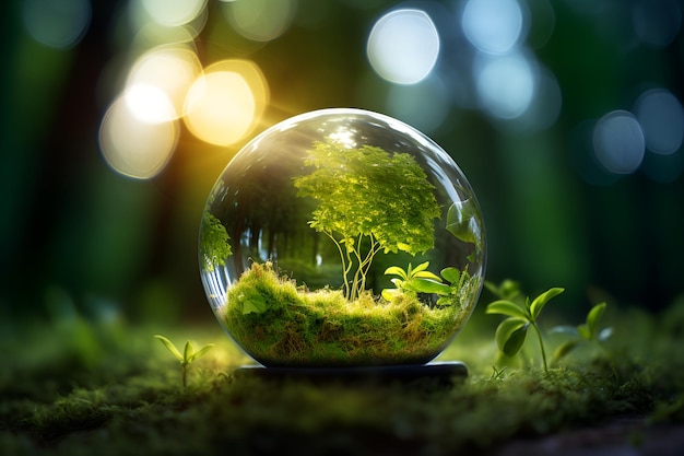 Boule de globe en verre avec culture d'arbres et nature verte arrière-plan flou concept d'environnement écologique