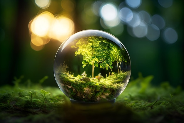 Boule de globe en verre avec culture d'arbres et nature verte arrière-plan flou concept d'environnement écologique