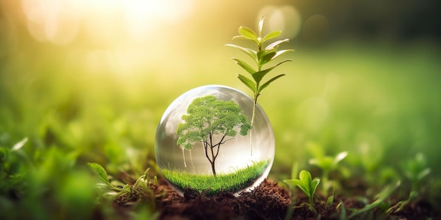 Boule de globe en verre photo avec la croissance des arbres et la nature verte arrière-plan flou eco concept de jour de la terre générat ai