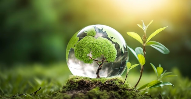 Boule de globe en verre photo avec la croissance des arbres et la nature verte arrière-plan flou eco concept de jour de la terre générat ai