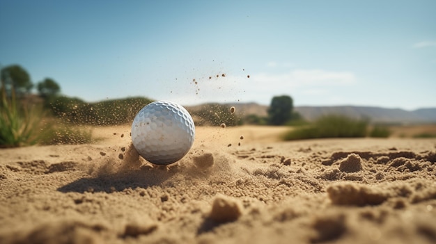 Boule de golf blanche dans l'explosion de sable doré sur le fond du bunker du parcours de golf