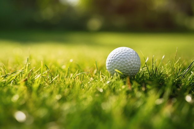 Boule de golf sur l'herbe verte prête à être tirée dans un trou Close Up balle de golf sur le terrain d'herbe verte AI généré