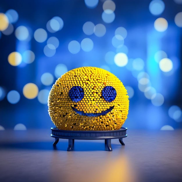 Une boule jaune avec un visage souriant est assise sur une table