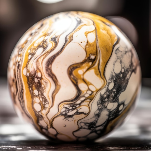 Une boule de marbre avec un motif noir et or dessus.