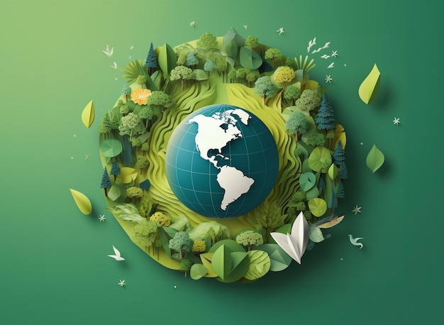 La boule mondiale de la Terre entourée d'une flore forestière verdoyante dans un style d'art découpé en papier IA générative