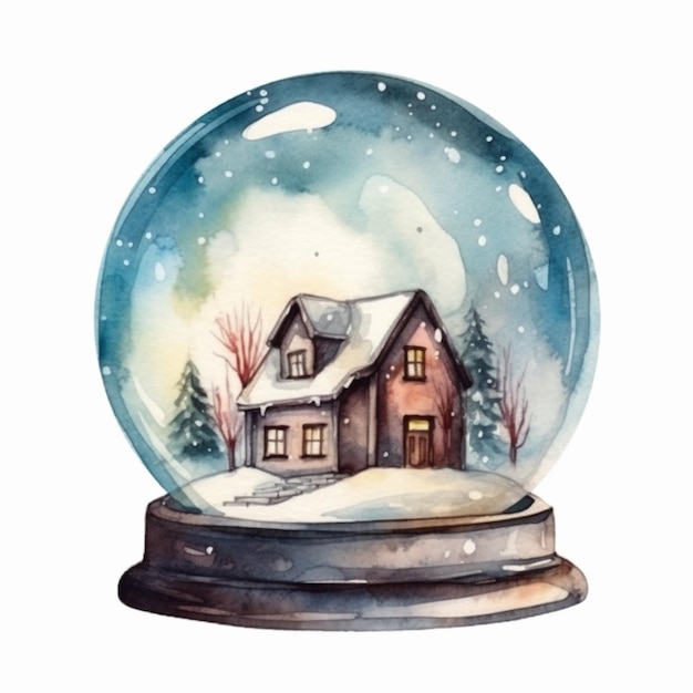 Boule à neige aquarelle avec une maison et de la neige