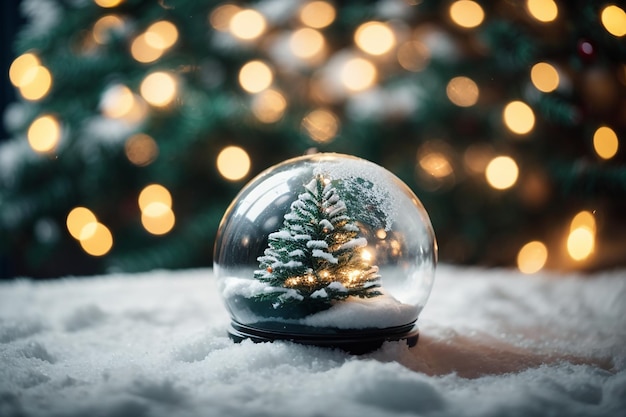 Photo boule de neige avec arbre de noël et des lumières sur fond d'hiver