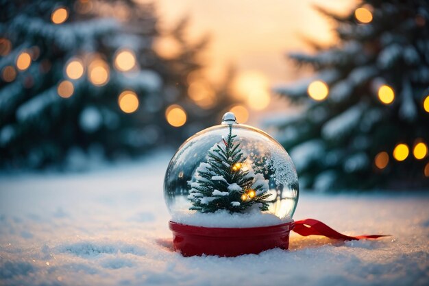 Photo boule de neige avec arbre de noël et des lumières sur fond d'hiver