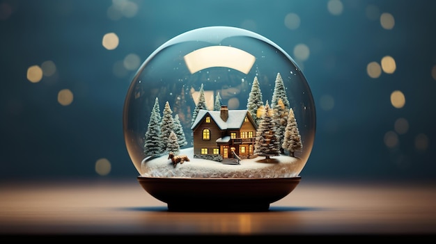 Boule de neige boule de cristal avec arbre de Noël enneigé et maison à l'intérieur