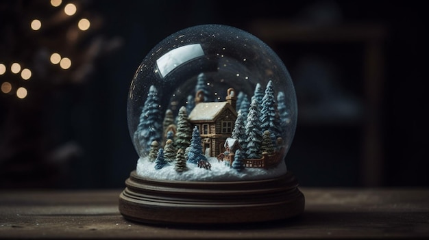 Une boule à neige avec une maison et des arbres dessus