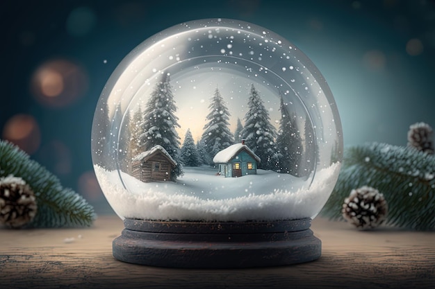 Boule à neige de Noël sur un fond d'hiver Jouets magiques d'atmosphère de vacances couleurs froides sombres art haute résolution intelligence artificielle générative