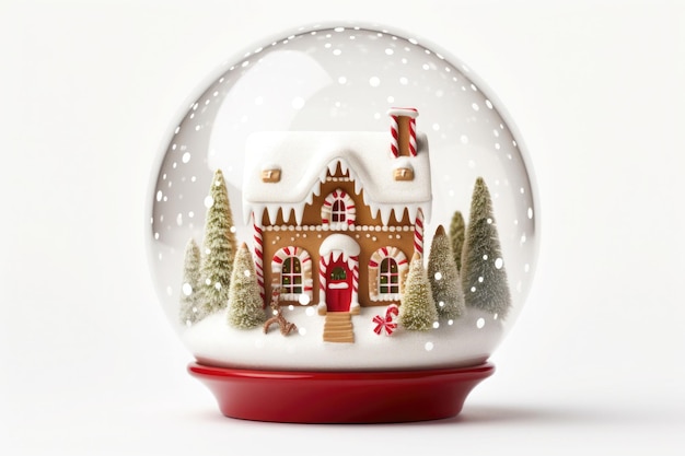 Boule à neige de Noël avec maison en pain d'épice à l'intérieur sur fond blanc Illustration générée par IA