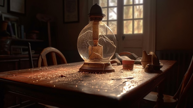 Une boule à neige sur une table avec un globe en verre dessus