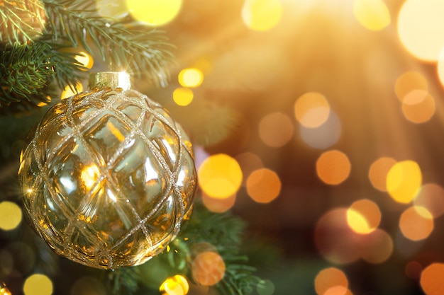 Boule de Noël accrochée au brunch avec bokeh et lumières Espace de copie