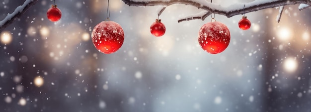 Boule de Noël accrochée à une branche enneigée à l'extérieur Décoration saisonnière naturelle AI générative