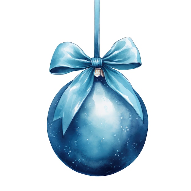 boule de Noël à l'aquarelle bleue avec un ruban et un nœud isolé sur le fond IA générative