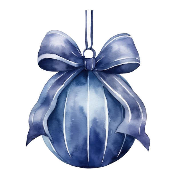 Boule de Noël à l'aquarelle indigo avec ruban et un nœud isolé sur le fond AI générative