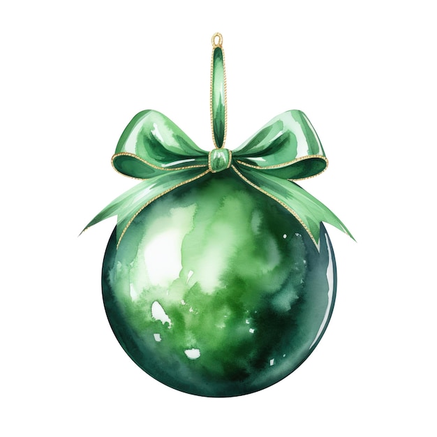 boule de Noël à l'aquarelle verte avec un ruban et un nœud isolé sur le fond IA générative