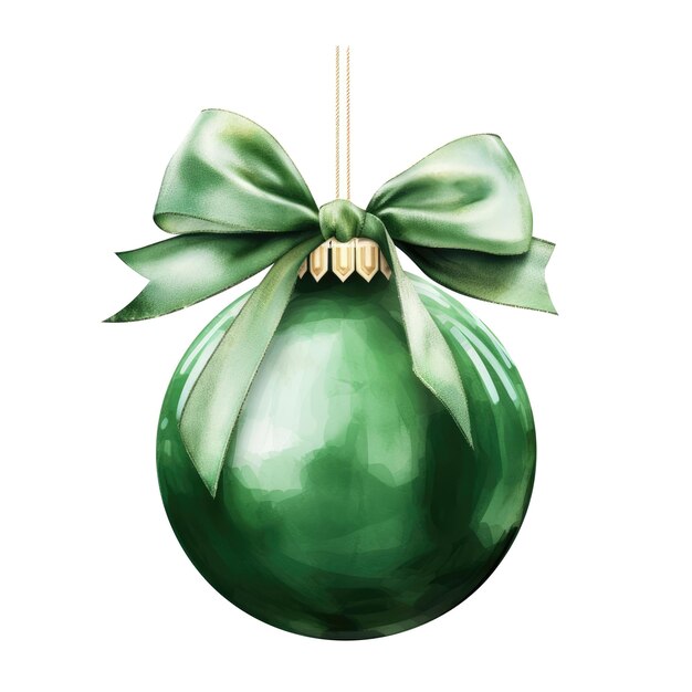 boule de Noël à l'aquarelle verte avec un ruban et un nœud isolé sur le fond IA générative